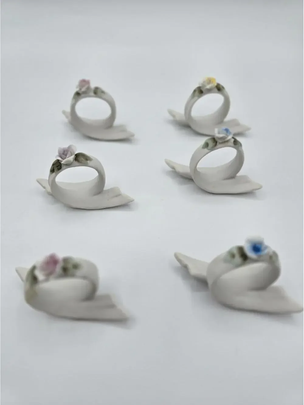 Vintage Set of 6 Rose Pink Yellow Blue Porcelain Napkin Rings Made In Japan